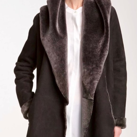 VINCE Shearling Jacket with Hood in Chocolate Brown - Size L - Picture 5 of 7